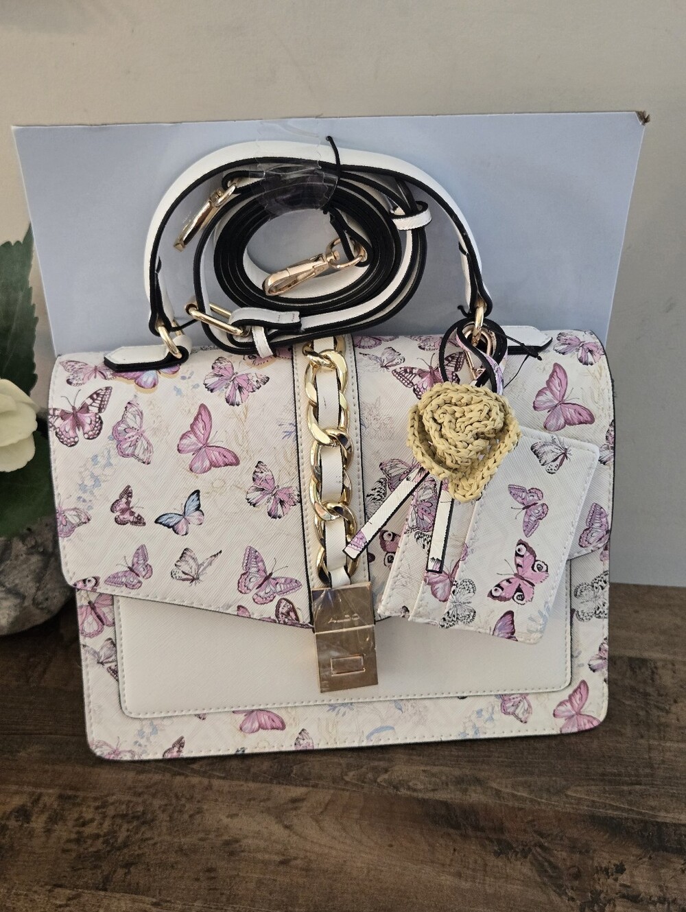 ALDO White Butterfly-Print Purse with Gold Chain